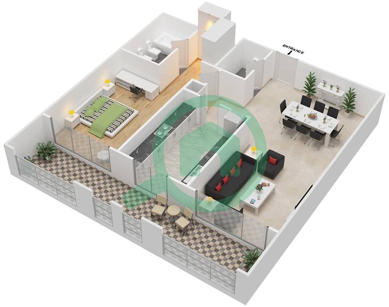 المخططات الطابقية لتصميم النموذج B شقة 1 غرفة نوم - شقق الحمراء فيليج جولف interactive3D