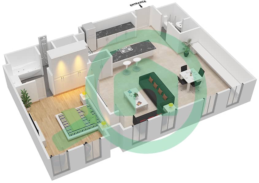 المخططات الطابقية لتصميم النموذج 1B شقة 1 غرفة نوم - لايمستون هاوس interactive3D