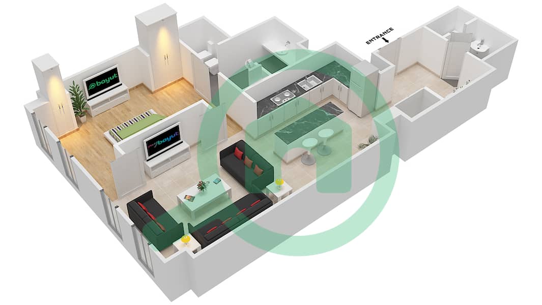 المخططات الطابقية لتصميم النموذج 1C شقة 1 غرفة نوم - لايمستون هاوس interactive3D