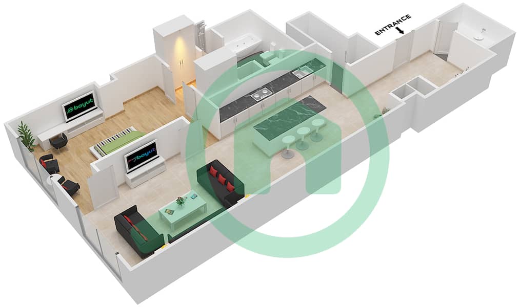المخططات الطابقية لتصميم النموذج 1F شقة 1 غرفة نوم - لايمستون هاوس interactive3D