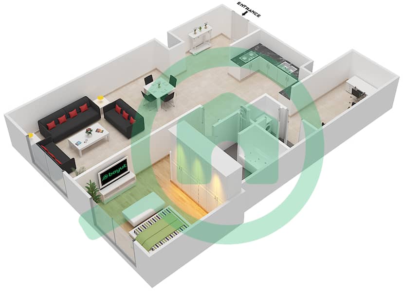 المخططات الطابقية لتصميم النموذج 1HA شقة 1 غرفة نوم - لايمستون هاوس interactive3D