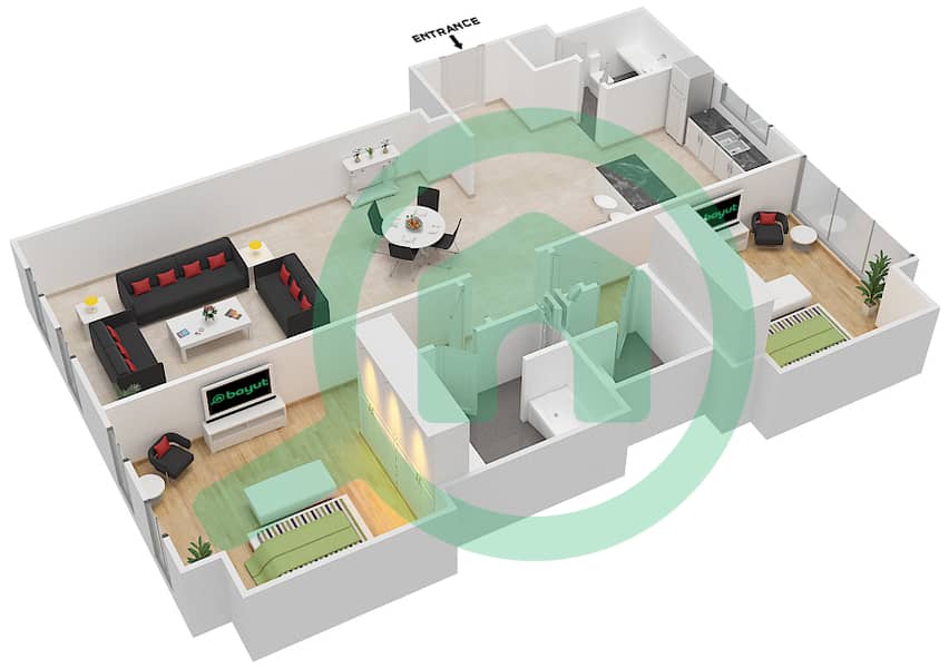 المخططات الطابقية لتصميم النموذج 2A شقة 2 غرفة نوم - لايمستون هاوس interactive3D