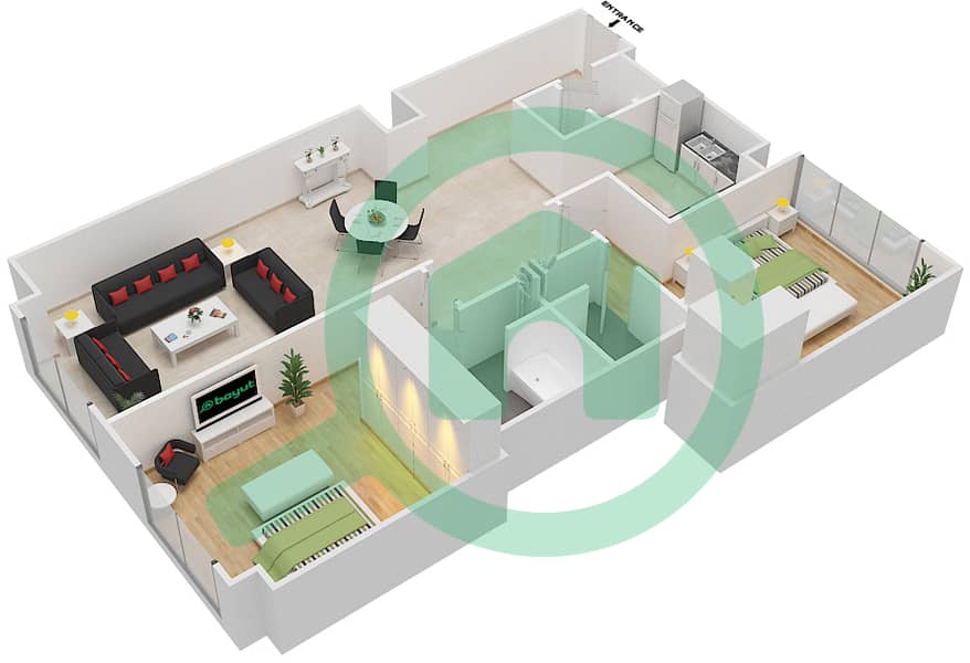 المخططات الطابقية لتصميم النموذج 2AA شقة 2 غرفة نوم - لايمستون هاوس interactive3D
