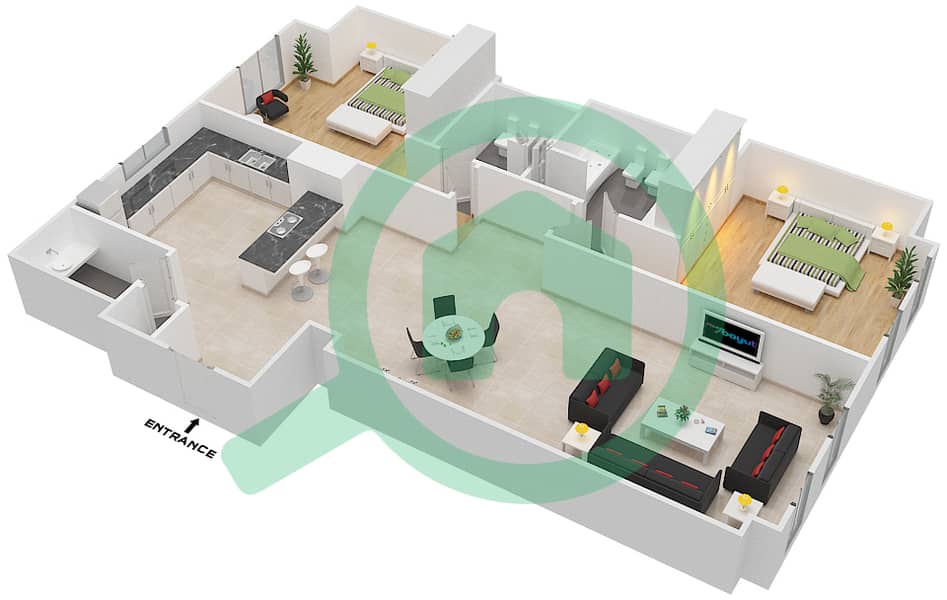 المخططات الطابقية لتصميم النموذج 2AB شقة 2 غرفة نوم - لايمستون هاوس interactive3D