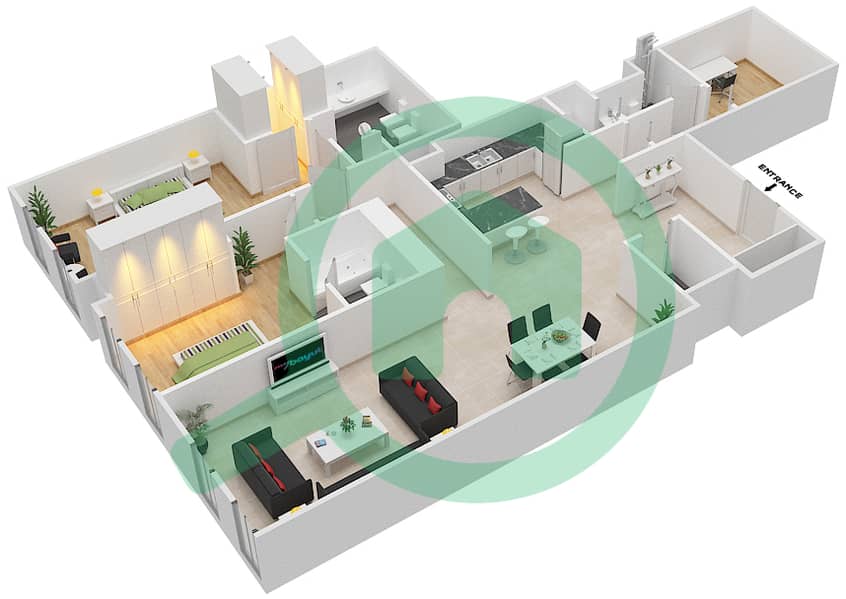 المخططات الطابقية لتصميم النموذج 2E شقة 2 غرفة نوم - لايمستون هاوس interactive3D