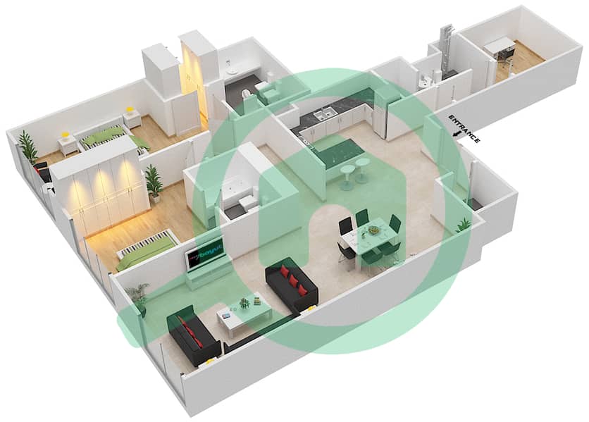 المخططات الطابقية لتصميم النموذج 2S شقة 2 غرفة نوم - لايمستون هاوس interactive3D