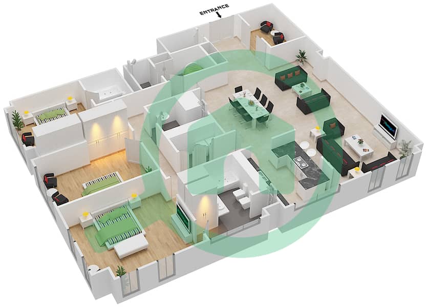 المخططات الطابقية لتصميم النموذج 3A شقة 3 غرف نوم - لايمستون هاوس interactive3D