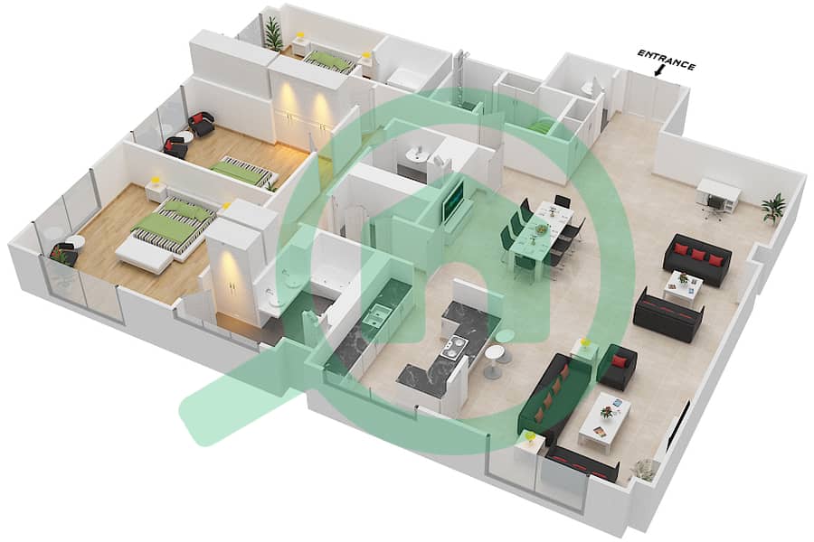 المخططات الطابقية لتصميم النموذج 3P شقة 3 غرف نوم - لايمستون هاوس interactive3D