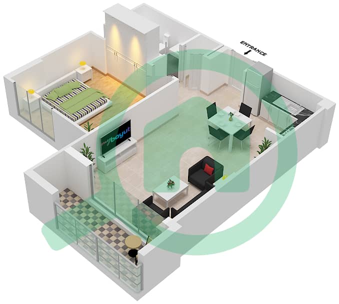 瑞达公寓2号 - 1 卧室公寓类型／单位A/1戶型图 interactive3D