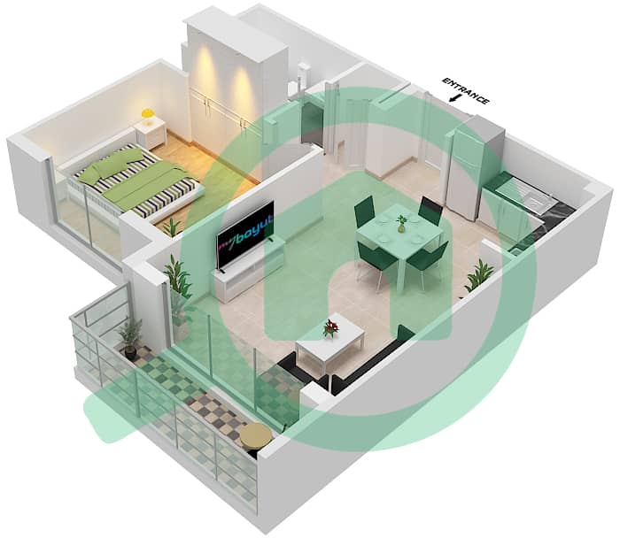 瑞达公寓2号 - 1 卧室公寓类型／单位B/1戶型图 interactive3D