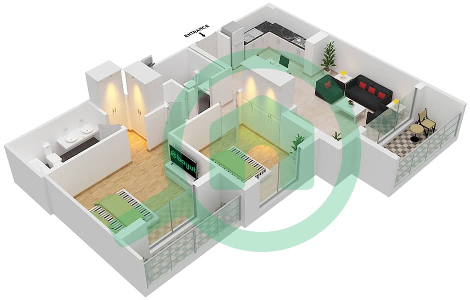 المخططات الطابقية لتصميم النموذج / الوحدة A/2 شقة 2 غرفة نوم - شقق الروضة 2 interactive3D