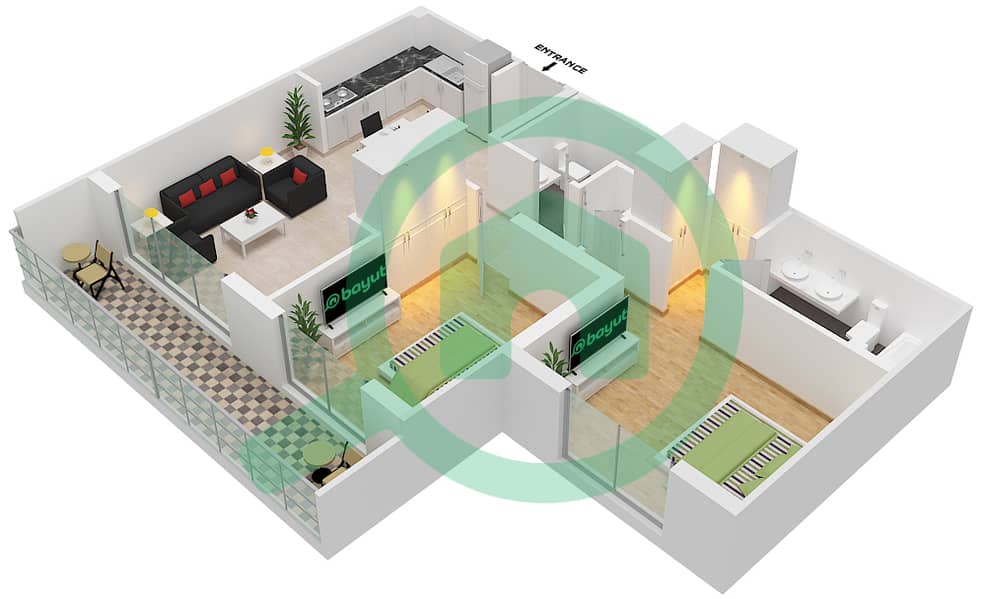 المخططات الطابقية لتصميم النموذج / الوحدة B/2 شقة 2 غرفة نوم - شقق الروضة 2 interactive3D