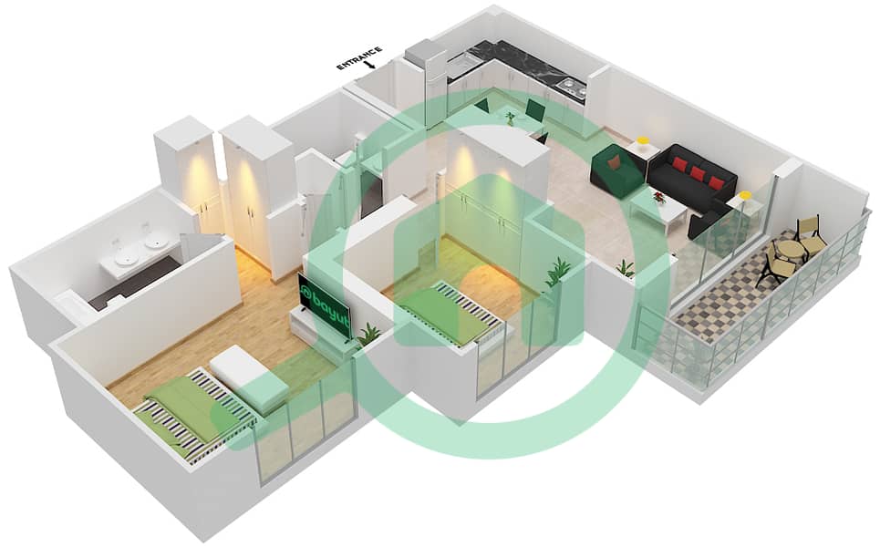 المخططات الطابقية لتصميم النموذج / الوحدة C/2 شقة 2 غرفة نوم - شقق الروضة 2 interactive3D