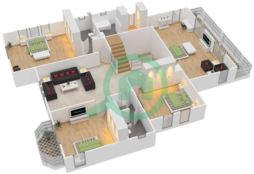 المخططات الطابقية لتصميم النموذج 2 فیلا 5 غرف نوم - ذا سنترو First Floor interactive3D