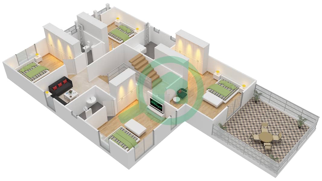 المخططات الطابقية لتصميم النموذج 5 فیلا 5 غرف نوم - ذا سنترو First Floor interactive3D