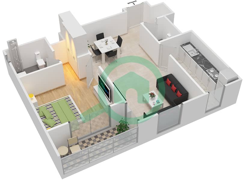 المخططات الطابقية لتصميم النموذج / الوحدة D/2,9 شقة 1 غرفة نوم - أفنان 2 Floor 2-8 interactive3D