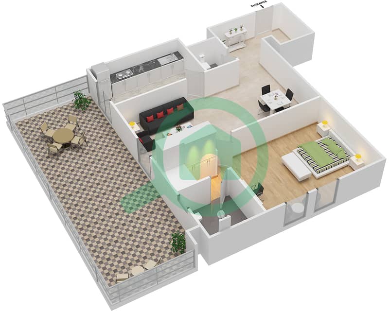 阿福纳4号楼 - 1 卧室公寓类型／单位F/4戶型图 Floor 1 interactive3D