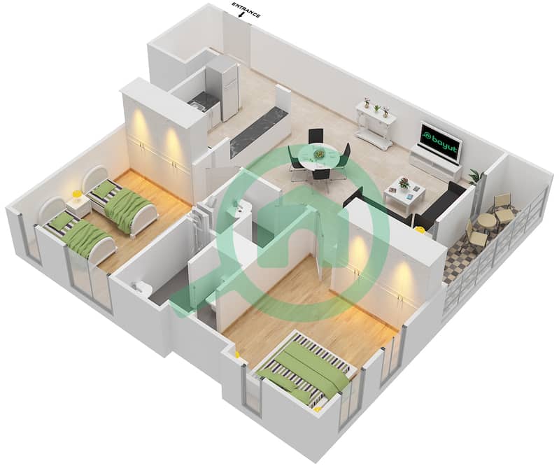 阿福纳4号楼 - 2 卧室公寓类型／单位A/4,9戶型图 Floor 9-16 interactive3D