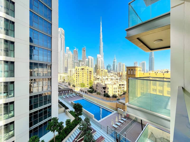 Pool and Burj Khalifa Views | Brand New 1BR | Closed Kitchen