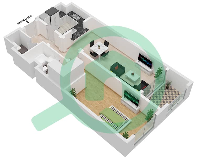 المخططات الطابقية لتصميم النموذج / الوحدة A2 / 206 شقة 1 غرفة نوم - جروف interactive3D