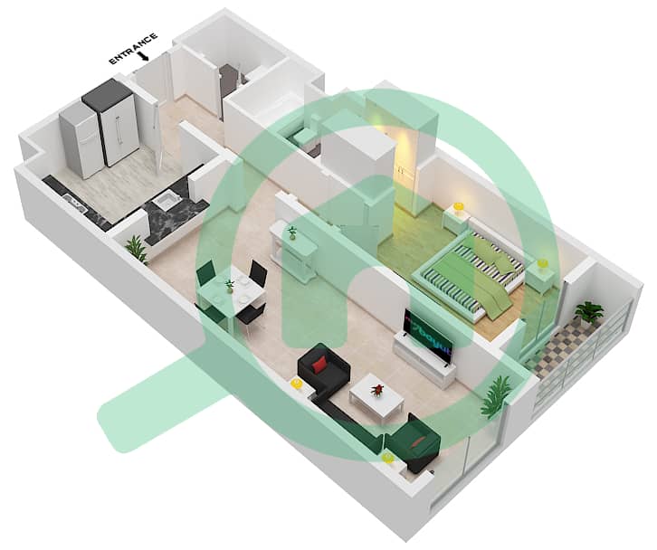 المخططات الطابقية لتصميم النموذج / الوحدة 3 / 511 شقة 1 غرفة نوم - جروف interactive3D
