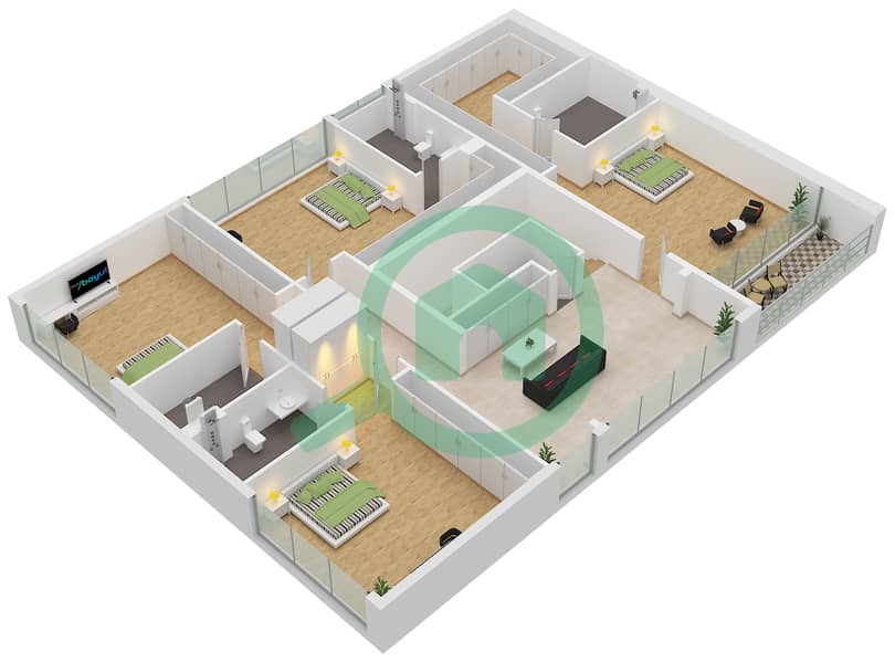 المخططات الطابقية لتصميم النموذج A شقة 5 غرف نوم - مجمع شموس السكنى First Floor interactive3D