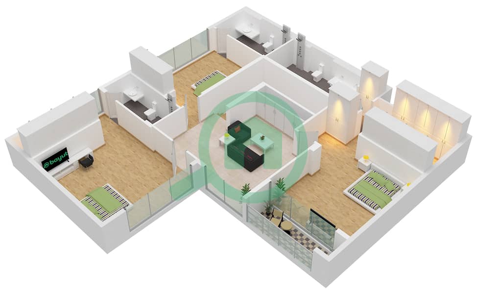 المخططات الطابقية لتصميم النموذج B فیلا 4 غرف نوم - مجمع شموس السكنى First Floor interactive3D