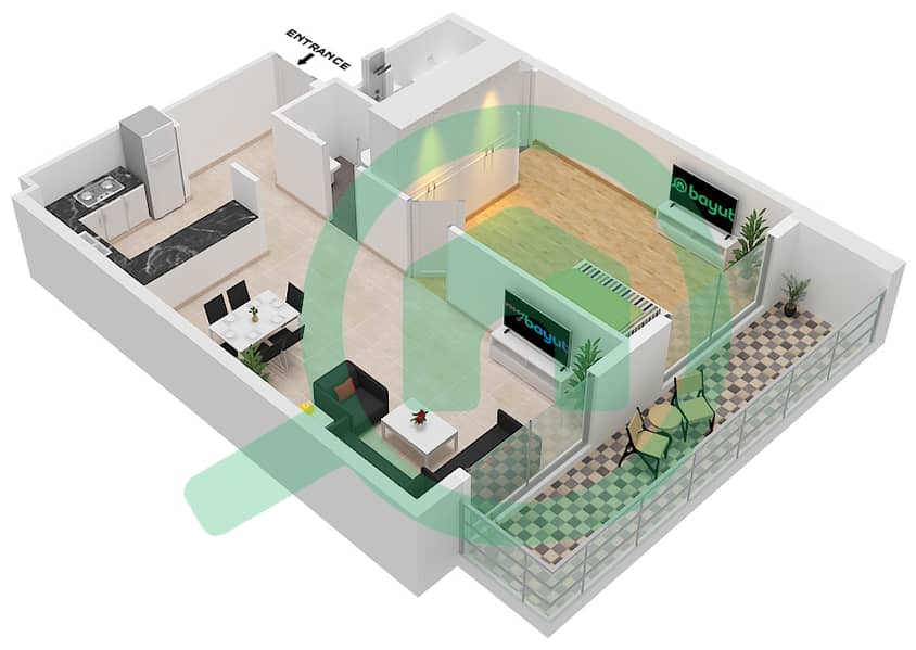 المخططات الطابقية لتصميم الوحدة 06 شقة 1 غرفة نوم - برج لانا Floor 1-16 interactive3D