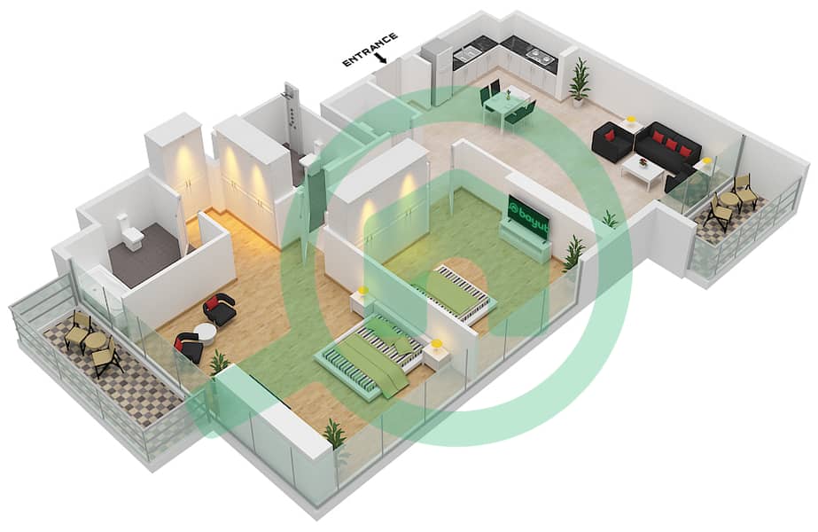 المخططات الطابقية لتصميم الوحدة 3 شقة 2 غرفة نوم - آكت ون | آكت تو Floor 16,27,29,38 interactive3D