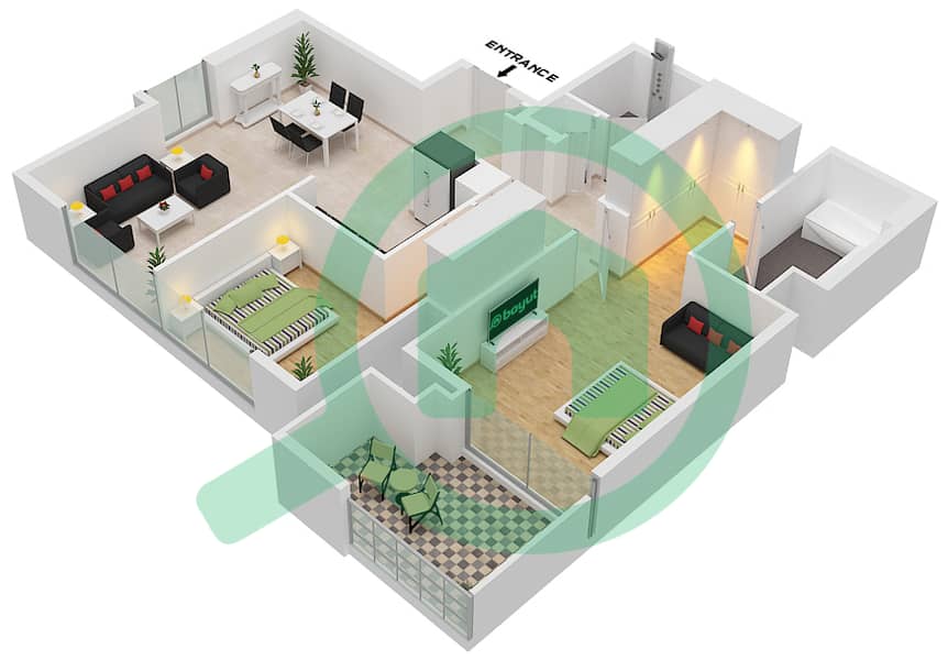 المخططات الطابقية لتصميم النموذج 4A شقة 2 غرفة نوم - آكت ون | آكت تو interactive3D