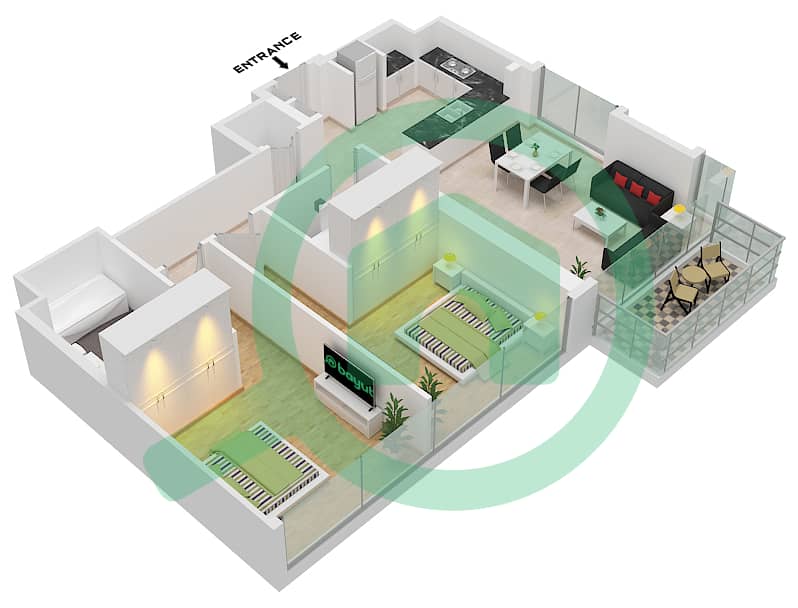 المخططات الطابقية لتصميم النموذج 2A شقة 2 غرفة نوم - مساكن خور دبي 2 شمال interactive3D