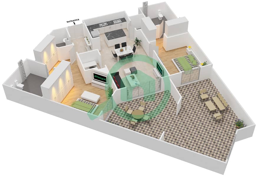 东方红树林滨江大道1号 - 2 卧室公寓类型06戶型图 interactive3D