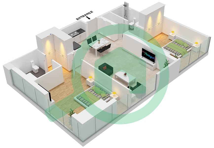 المخططات الطابقية لتصميم النموذج / الوحدة 2A/7 شقة 2 غرفة نوم - آكت ون | آكت تو Floor 7 interactive3D