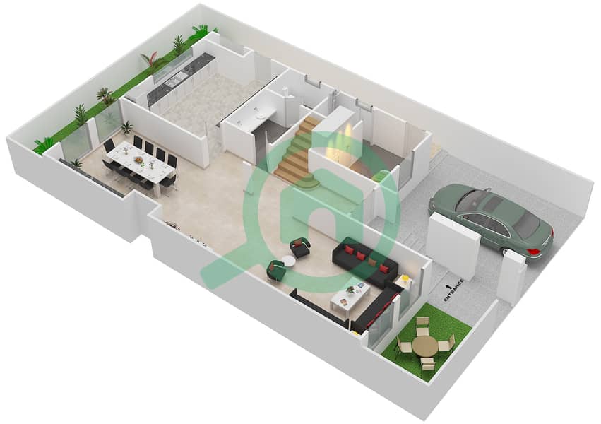 Al Qurm Gardens - 4 Bedroom Villa Type A Floor plan Ground Floor interactive3D