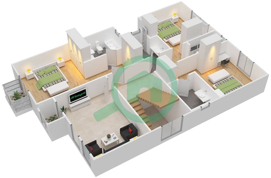 المخططات الطابقية لتصميم النموذج A فیلا 4 غرف نوم - حدائق القرم First Floor interactive3D