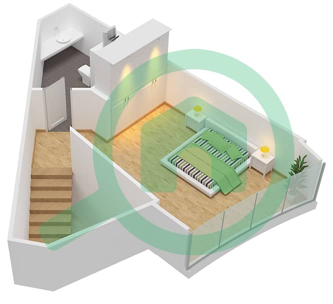 公园广场大楼 - 2 卧室公寓类型2H戶型图 Upper Level interactive3D