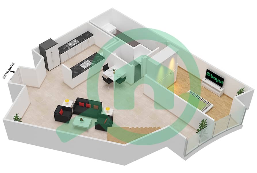 公园广场大楼 - 2 卧室公寓类型2H戶型图 Lower Level interactive3D