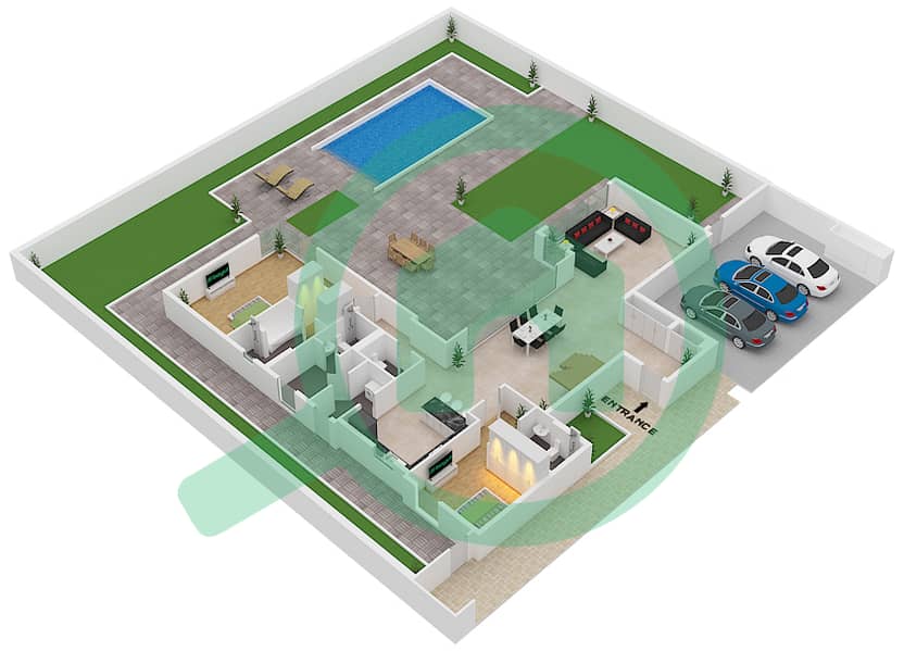 المخططات الطابقية لتصميم النموذج F فیلا 4 غرف نوم - بدور Ground Floor interactive3D