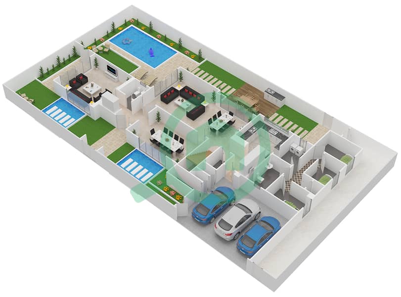 المخططات الطابقية لتصميم النموذج 3 فیلا 5 غرف نوم - الماريه Ground Floor interactive3D