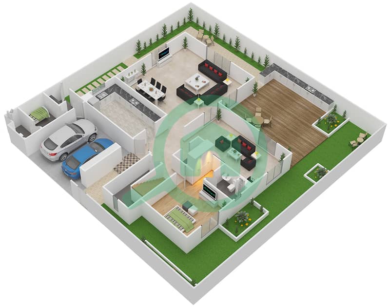 المخططات الطابقية لتصميم النموذج 8 فیلا 3 غرف نوم - الماريه Ground Floor interactive3D