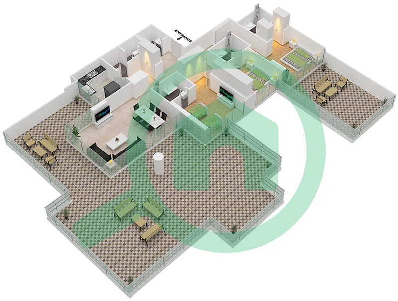 Голф Хоризон - Апартамент 3 Cпальни планировка Тип J-POOL DECK Pool Deck interactive3D