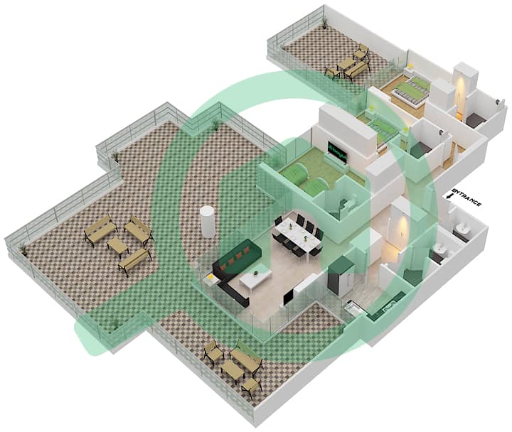 Голф Хоризон - Апартамент 3 Cпальни планировка Тип U-POOL DECK Pool Deck interactive3D