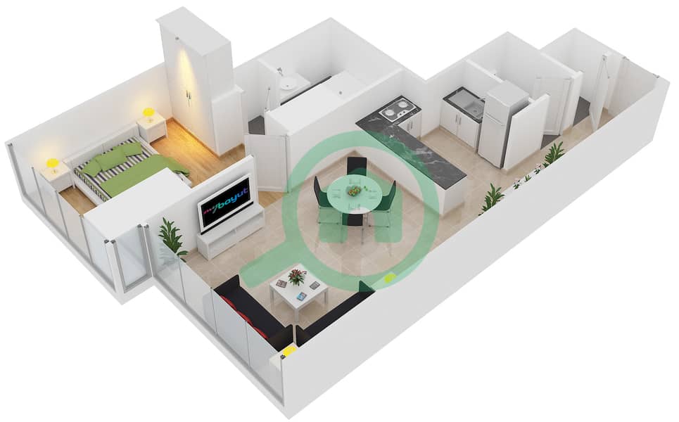 The Gate Tower 1 - 1 Bedroom Apartment Unit 7,8,15,16 Floor plan Floor 17-34 interactive3D