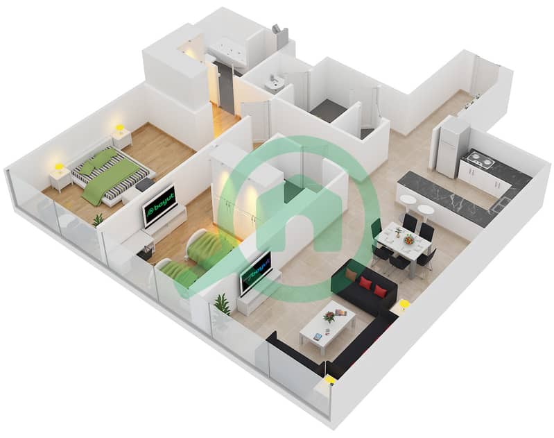المخططات الطابقية لتصميم الوحدة 3 FLOOR 17-34 شقة 2 غرفة نوم - برج ذا جيت 1 Floor 17-34 interactive3D