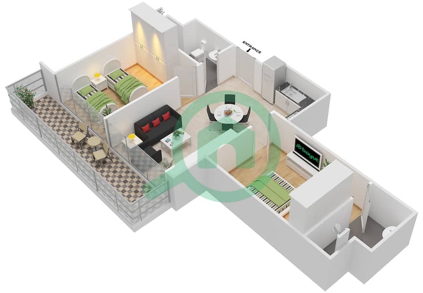 المخططات الطابقية لتصميم النموذج 3 شقة 2 غرفة نوم - جولف فيتا B interactive3D