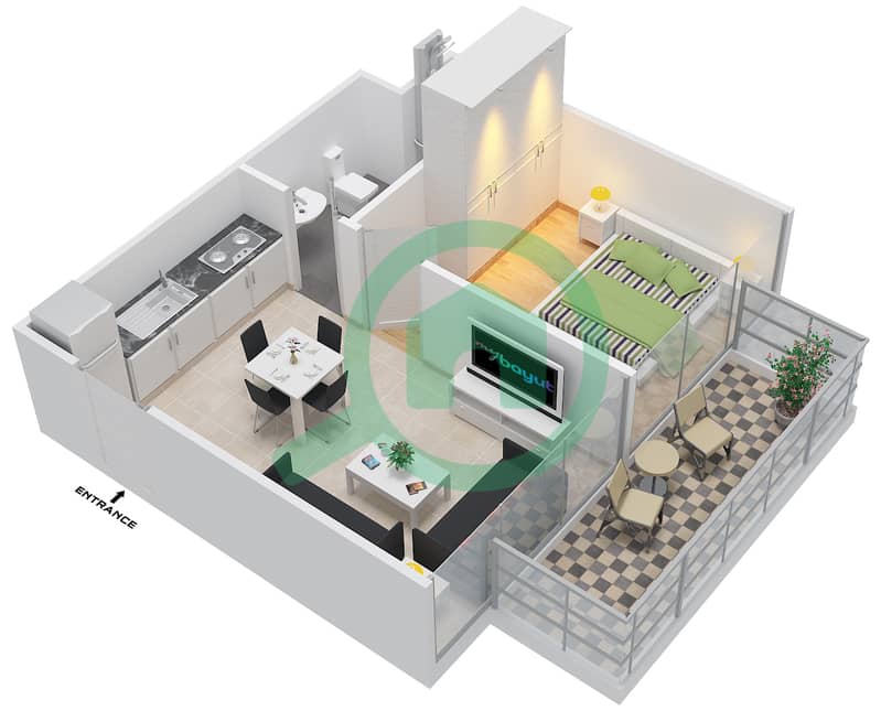 高尔夫生活大楼B座 - 1 卧室公寓类型2戶型图 interactive3D