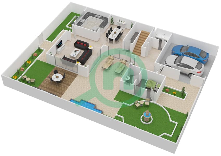 Al Tharwaniyah Community - 4 Bedroom Townhouse Type S Floor plan Ground Floor interactive3D