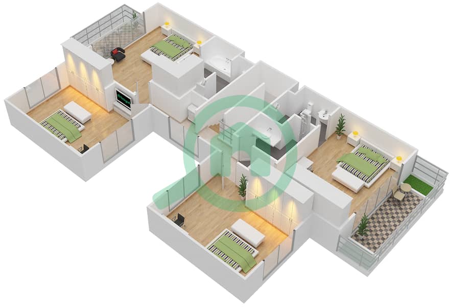 Al Tharwaniyah Community - 4 Bedroom Townhouse Type S Floor plan First Floor interactive3D