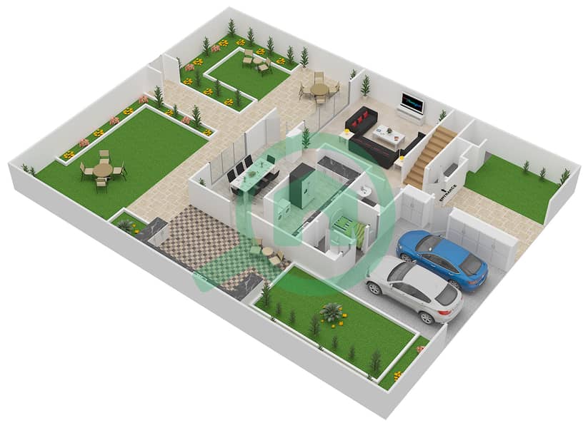 Al Tharwaniyah Community - 4 Bedroom Townhouse Type A Floor plan Ground Floor interactive3D