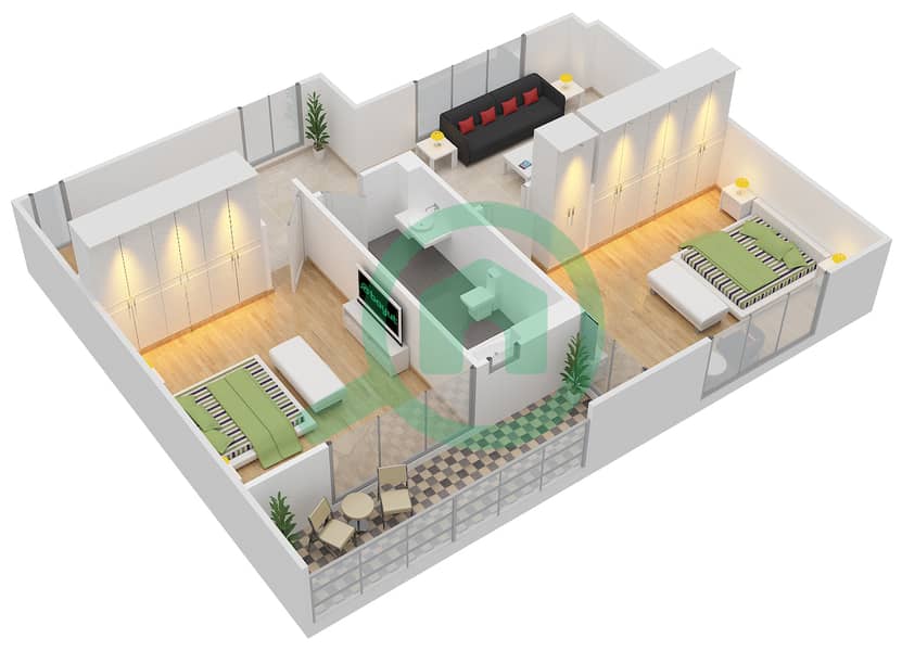Al Tharwaniyah Community - 4 Bedroom Townhouse Type A Floor plan First Floor interactive3D